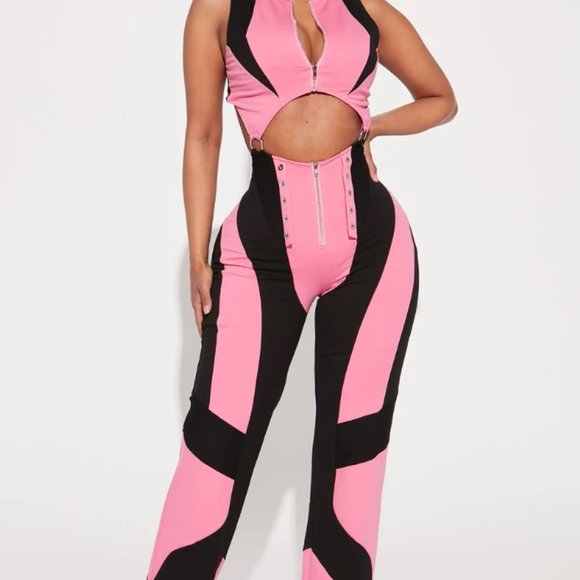 Jumpsuit colorblock moto black pink Fashon Nova cut outs, mesh sides - Picture 1 of 3